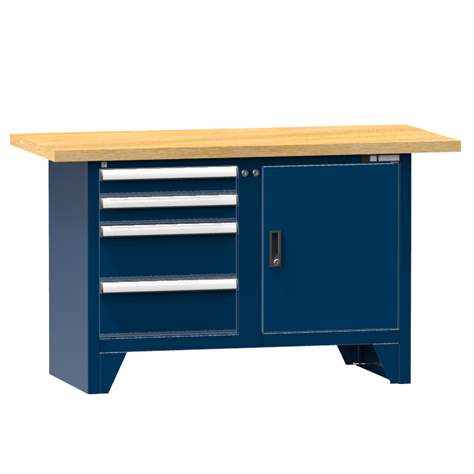 Werkbank, Buche Massiv-Arbeitsplatte 1500 x 700 mm, 4 x Schubladen, 1x Schrank, Farbe dunkelblau RAL5010 - Polak CZ, s.r.o.