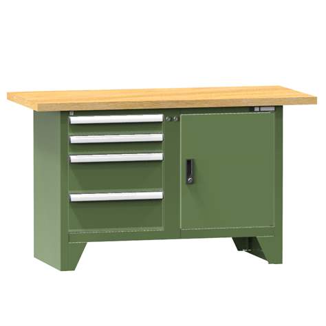 Werkbank, Buche Massiv-Arbeitsplatte 1500 x 700 mm, 4 x Schubladen, 1 x Schrank, Farbe grün RAL6011 - Polak CZ, s.r.o.