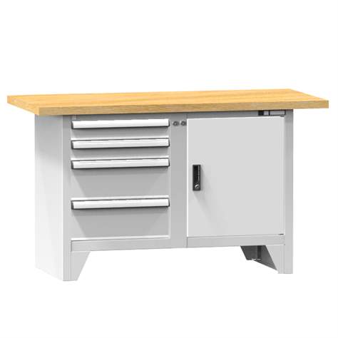 Werkbank, Buchen-Multiplex-Arbeitsplatte 1500 x 700 mm, 4 x Schubladen, 1 x Schränk, Farbe grau RAL7035 - Polak CZ, s.r.o.