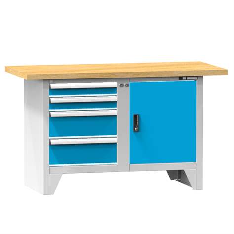 Werkbank, Buche Massiv-Arbeitsplatte 1500 x 700 mm, 4 x Schubladen, 1 x Schrank, Korpus Lichtgrau RAL7035/Türen Blau RAL5012 - Polak CZ, s.r.o.