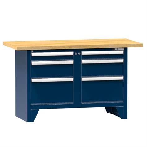 Werkbank, Buchen-Multiplex-Arbeitsplatte 1500 x 700 mm, 6 x Schubladen, Farbe dunkelblau RAL5010 - Polak CZ, s.r.o.