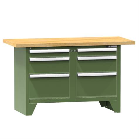 Werkbank, Buche Massiv-Arbeitsplatte 1500 x 700 mm, 6 x Schubladen, Farbe grün RAL6011 - Polak CZ, s.r.o.