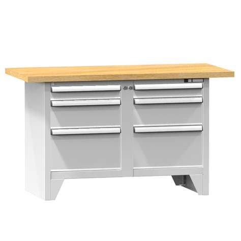 Werkbank, Buche Massiv-Arbeitsplatte 1500 x 700 mm, 6 x Schubladen, Farbe grau RAL7035 - Polak CZ, s.r.o.