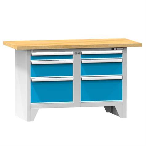 Werkbank, Buchen-Multiplex-Arbeitsplatte 1500 x 700 mm, 6 x Schubladen, Korpus Lichtgrau RAL7035/Türen Blau RAL5012 - Polak CZ, s.r.o.