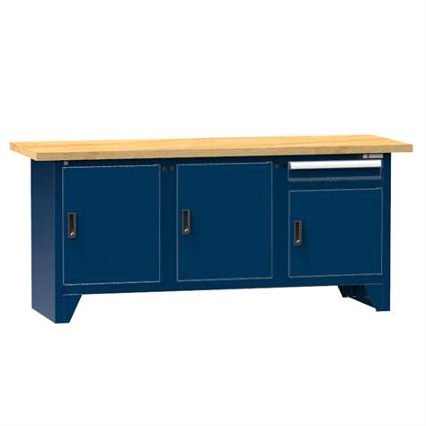 Werkbank, Buche Massiv-Arbeitsplatte 2000 x 700 mm, 1 x Schublade, 3 x Schränke, Farbe dunkelblau RAL5010 - Polak CZ, s.r.o.