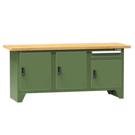 Werkbank, Buche Massiv-Arbeitsplatte 2000 x 700 mm, 1 x Schublade, 3 x Schränke, Farbe grün RAL6011 - Polak CZ, s.r.o.