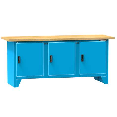Werkbank, Buchen-Multiplex-Arbeitsplatte 2000 x 700 mm, 3 x Schränke, Farbe blau RAL5012 - Polak CZ, s.r.o.