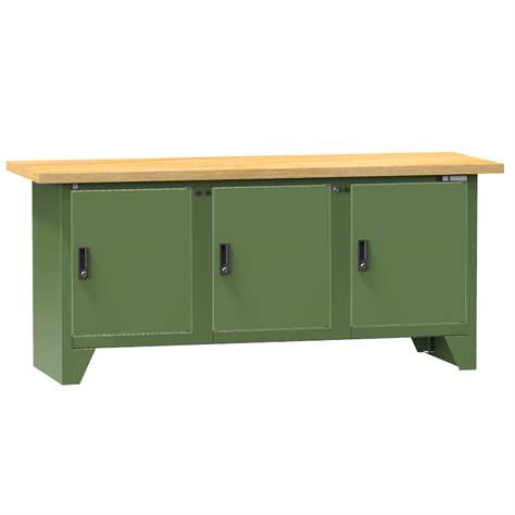 Werkbank, Buchen-Multiplex-Arbeitsplatte 2000 x 700 mm, 3 x Schränke, Farbe grün RAL6011 - Polak CZ, s.r.o.