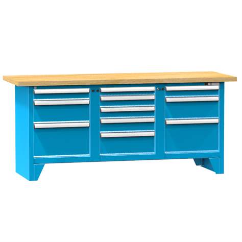 Werkbank, Buche Massiv-Arbeitsplatte 2000 x 700 mm, 11 x Schubladen, Farbe blau RAL5012 - Polak CZ, s.r.o.