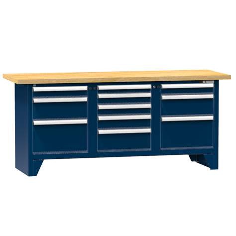 Werkbank, Buchen-Multiplex-Arbeitsplatte 2000 x 700 mm, 11 x Schubladen, Farbe dunkelblau RAL5010 - Polak CZ, s.r.o.