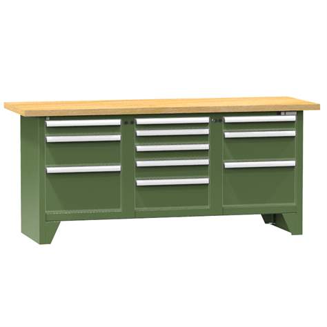 Werkbank, Buche Massiv-Arbeitsplatte 2000 x 700 mm, 11 x Schubladen, Farbe grün RAL6011 - Polak CZ, s.r.o.