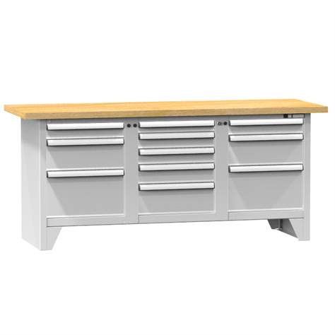 Werkbank, Buchen-Multiplex-Arbeitsplatte 2000 x 700 mm, 11 x Schubladen, Farbe grau RAL7035 - Polak CZ, s.r.o.