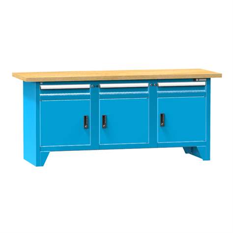 Werkbank, Buchen-Multiplex-Arbeitsplatte 2000 x 700 mm, 3 x Schubladen, 3 x Schränke, Farbe blau RAL5012 - Polak CZ, s.r.o.