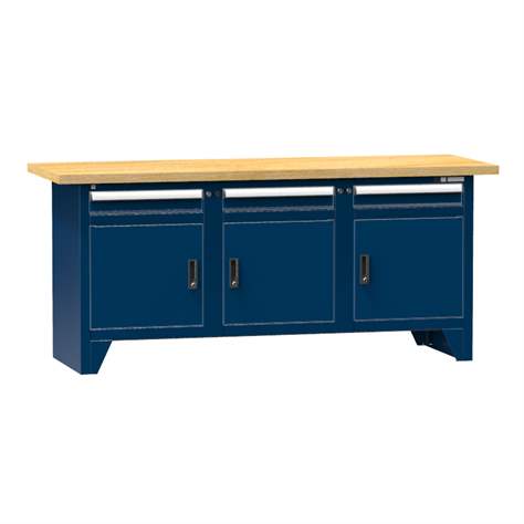 Werkbank, Buche Massiv-Arbeitsplatte 2000 x 700 mm, 3 x Schubladen, 3 x Schränke, Farbe dunkelblau RAL5010 - Polak CZ, s.r.o.