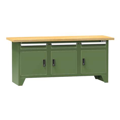 Werkbank, Buche Massiv-Arbeitsplatte 2000 x 700 mm, 3 x Schubladen, 3 x Schränke, Farbe grün RAL6011 - Polak CZ, s.r.o.
