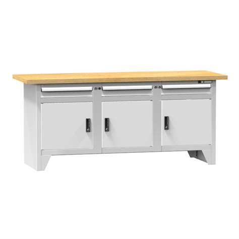 Werkbank, Buchen-Multiplex-Arbeitsplatte 2000 x 700 mm, 3 x Schubladen, 3 x Schränke, Farbe grau RAL7035 - Polak CZ, s.r.o.