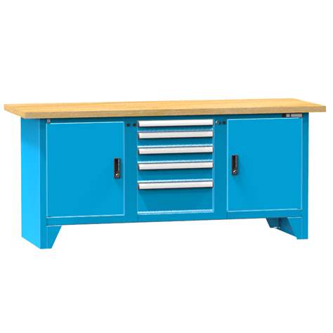 Werkbank, Buche Massiv-Arbeitsplatte 2000 x 700 mm, 5 x Schubladen, 2 x Schränke, Farbe blau RAL5012 - Polak CZ, s.r.o.