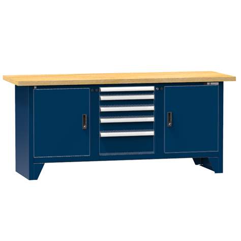 Werkbank, Buchen-Multiplex-Arbeitsplatte 2000 x 700 mm, 5 x Schubladen, 2 x Schränke, Farbe dunkelblau RAL5010 - Polak CZ, s.r.o.