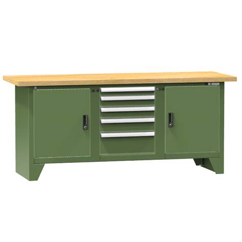 Werkbank, Buche Massiv-Arbeitsplatte 2000 x 700 mm, 5 x Schubladen, 2 x Schränke, Farbe grün RAL6011 - Polak CZ, s.r.o.