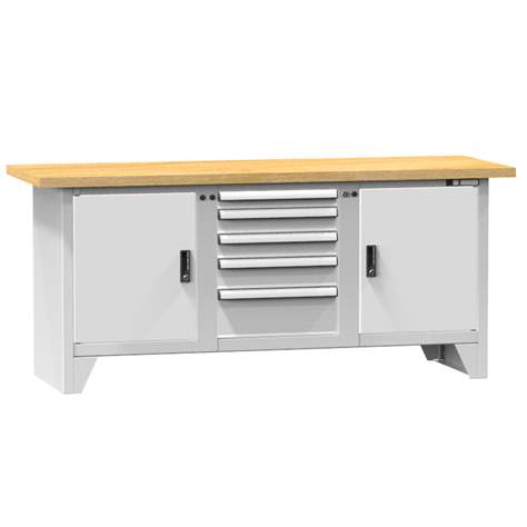 Werkbank, Buche Massiv-Arbeitsplatte 2000 x 700 mm, 5 x Schubladen, 2 x Schränke, Farbe grau RAL7035 - Polak CZ, s.r.o.