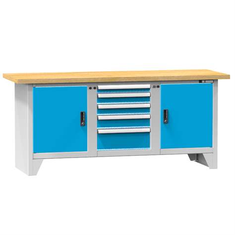 Werkbank, Buche Massiv-Arbeitsplatte 2000 x 700 mm, 5 x Schubladen, 2 x Schränke, Korpus Lichtgrau RAL7035/Türen Blau RAL5012 - Polak CZ, s.r.o.