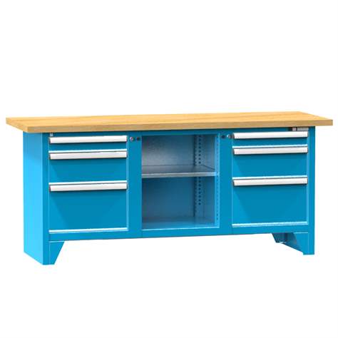 Werkbank, Buchen-Multiplex-Arbeitsplatte 2000 x 700 mm, 6 x Schubladen, Farbe blau RAL5012 - Polak CZ, s.r.o.