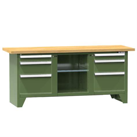 Werkbank, Buche Massiv-Arbeitsplatte 2000 x 700 mm, 6 x Schubladen, Farbe grün RAL6011 - Polak CZ, s.r.o.
