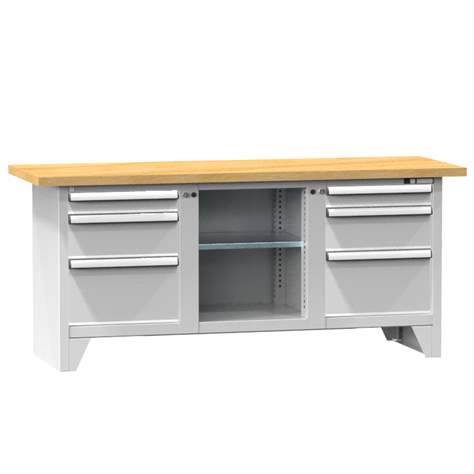 Werkbank, Buchen-Multiplex-Arbeitsplatte 2000 x 700 mm, 6 x Schubladen, Farbe grau RAL7035 - Polak CZ, s.r.o.