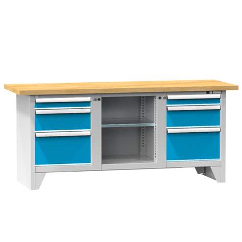 Werkbank, Buche Massiv-Arbeitsplatte 2000 x 700 mm, 6 x Schubladen, Korpus Lichtgrau RAL7035/Türen Blau RAL5012 - Polak CZ, s.r.o.