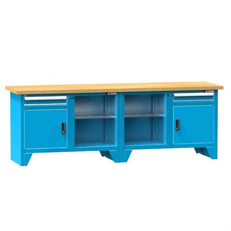 Werkbank, Buche Massiv-Arbeitsplatte 2500 x 700 mm, 2 x Schubladen, 2 x Schränke, Farbe blau RAL5012 - Polak CZ, s.r.o.