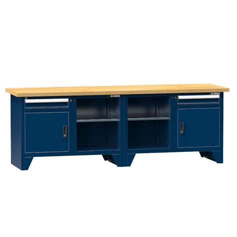 Werkbank, Buchen-Multiplex-Arbeitsplatte 2500 x 700 mm, 2 x Schubladen, 2 x Schränke, Farbe dunkelblau RAL5010 - Polak CZ, s.r.o.