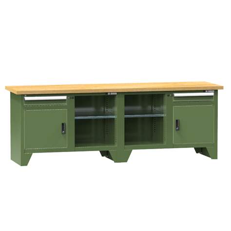 Werkbank, Buchen-Multiplex-Arbeitsplatte 2500 x 700 mm, 2 x Schubladen, 2 x Schränke, Farbe grün RAL6011 - Polak CZ, s.r.o.