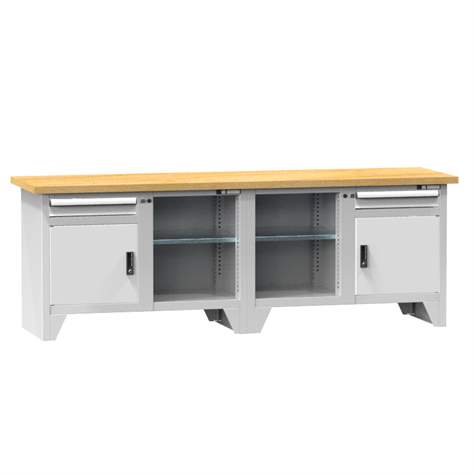 Werkbank, Buche Massiv-Arbeitsplatte 2500 x 700 mm, 2 x Schubladen, 2 x Schränke, Farbe grau RAL7035 - Polak CZ, s.r.o.