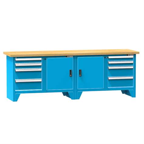 Werkbank, Buche Massiv-Arbeitsplatte 2500 x 700 mm, 8 x Schubladen, 2 x Schränke, Farbe blau RAL5012 - Polak CZ, s.r.o.