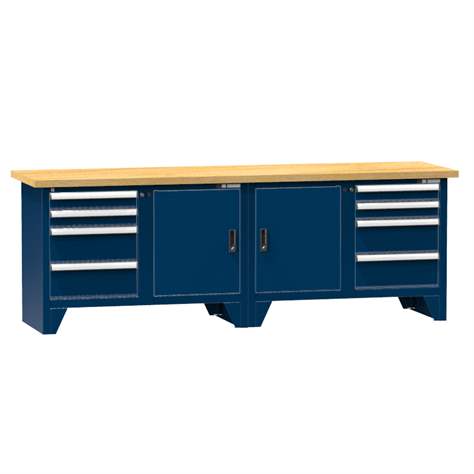 Werkbank, Buche Massiv-Arbeitsplatte 2500 x 700 mm, 8 x Schubladen, 2 x Schränke, Farbe dunkelblau RAL5010 - Polak CZ, s.r.o.
