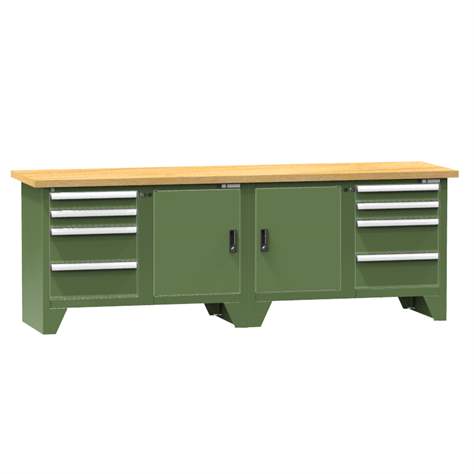 Werkbank, Buche Massiv-Arbeitsplatte 2500 x 700 mm, 8 x Schubladen, 2 x Schränke, Farbe grün 6011 - Polak CZ, s.r.o.