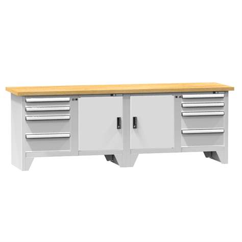 Werkbank, Buchen-Multiplex-Arbeitsplatte 2500 x 700 mm, 8 x Schubladen, 2 x Schränke, Farbe grau RAL7035 - Polak CZ, s.r.o.