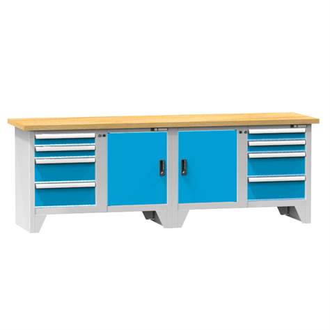 Werkbank, Buche Massiv-Arbeitsplatte 2500 x 700 mm, 8 x Schubladen, 2 x Schränke, Korpus Lichtgrau RAL7035/Türen Blau RAL5012 - Polak CZ, s.r.o.