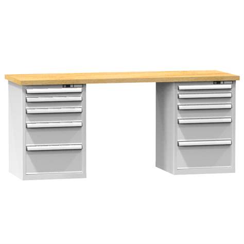 Banc de atelier KOMBI, lxLxH: 2000x800x880, 2 module dulap atașabile sub banc, 10 sertare, gri RAL7035 - Polak CZ, s.r.o.