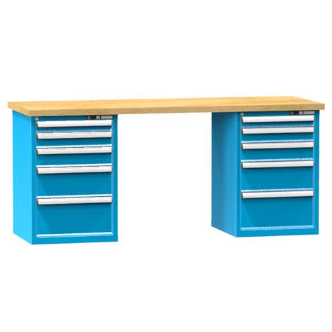 Werkbank KOMBI, BxTxH: 2000x800x880, 2 Unterstellschränke, 10 Schubladen, Farbe Blau RAL5012 - Polak CZ, s.r.o.