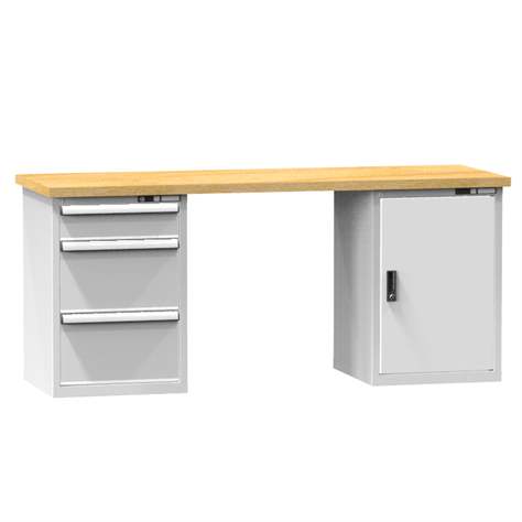 Banc de atelier KOMBI, lxLxH: 2000x800x880, 2 module dulap atașabile sub banc, 3 sertare, gri RAL7035 - Polak CZ, s.r.o.