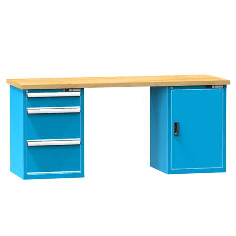 Banc de atelier KOMBI, lxLxH: 2000x800x880, 2 module dulap atașabile sub banc, 3 sertare, albastru RAL5012 - Polak CZ, s.r.o.