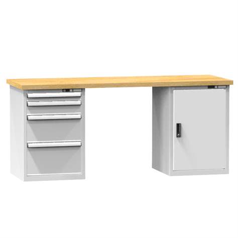 Banc de atelier KOMBI, lxLxH: 2000x800x880, 2 module dulap atașabile sub banc, 4 sertare, gri RAL7035 - Polak CZ, s.r.o.