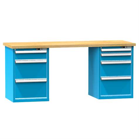 Banc de atelier KOMBI, lxLxH: 2000x800x880, 2 module dulap atașabile sub banc, 7 sertare, culoare verde RAL5012 - Polak CZ, s.r.o.