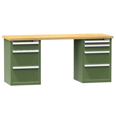 Banc de atelier KOMBI, lxLxH: 2000x800x880, 2 module dulap atașabile sub banc, 7 sertare, verde RAL6011 - Polak CZ, s.r.o.