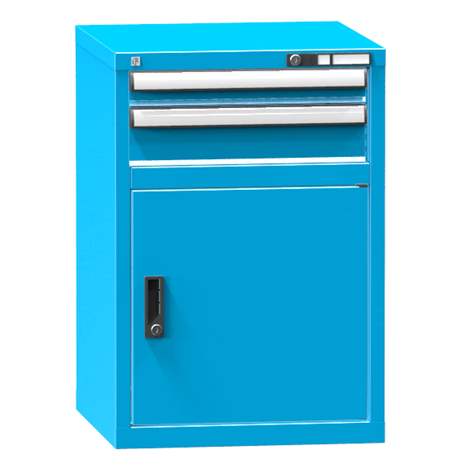 Dílenská skříňka KOMBI, v x š x h: 840 x 578 x 630 mm, 1 x dvířka, 2 x zásuvka, barva modrá RAL5012 - Polak CZ, s.r.o.