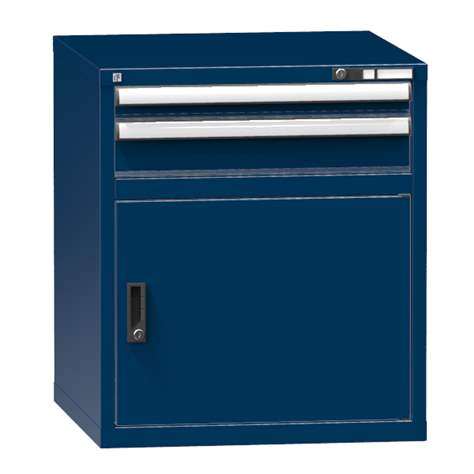 Dílenská skříňka KOMBI, v x š x h: 840 x 731 x 780 mm, 1 x dvířka, 2 x zásuvka, barva tmavě modrá RAL5010 - Polak CZ, s.r.o.