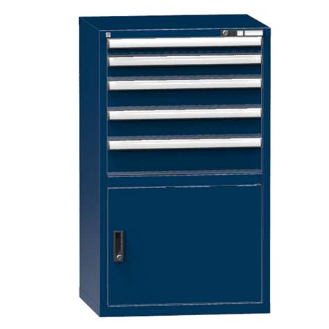 Schubladenschrank für Werkstatt, HxBxT: 1215 x 731 x 630 mm, 5 x Schubladen, 1 x Schrank, Farbe dunkelblau RAL5010 - Polak CZ, s.r.o.
