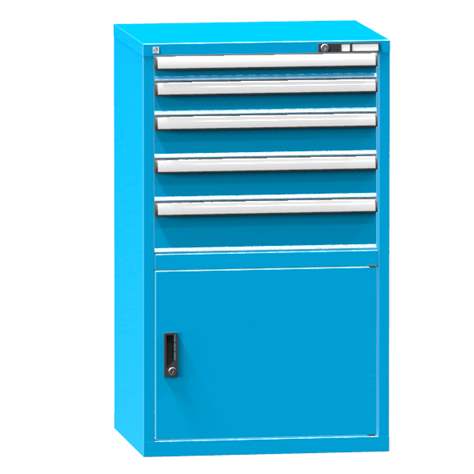 Schubladenschrank für Werkstatt, HxBxT: 1215 x 731 x 630 mm, 5 x Schubladen, 1 x Schrank, Farbe blau RAL5012 - Polak CZ, s.r.o.