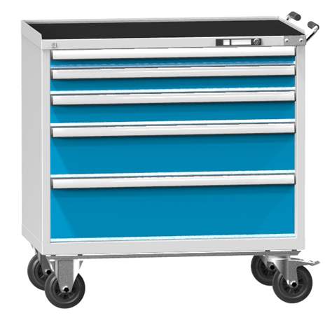 Mobiler Schubladenschrank, HxBxT: 1058 x 1037 x 780 mm, 5 Schubladen, Farbe grau RAL7035/blau RAL5012 - Polak CZ, s.r.o.